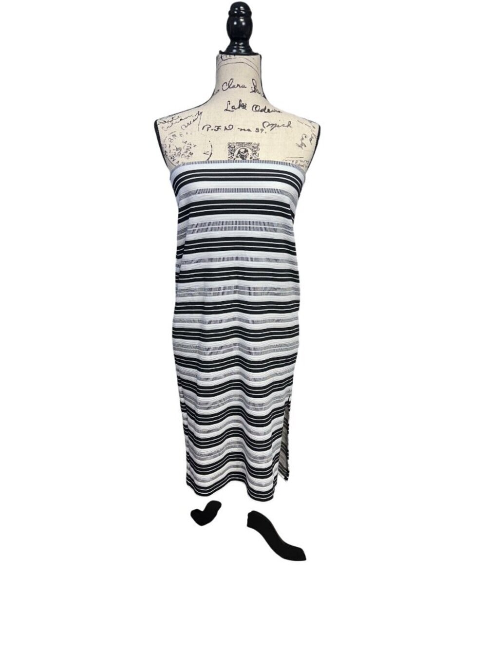 Black & White Striped Knit Tube Midi Skirt With Side Slit